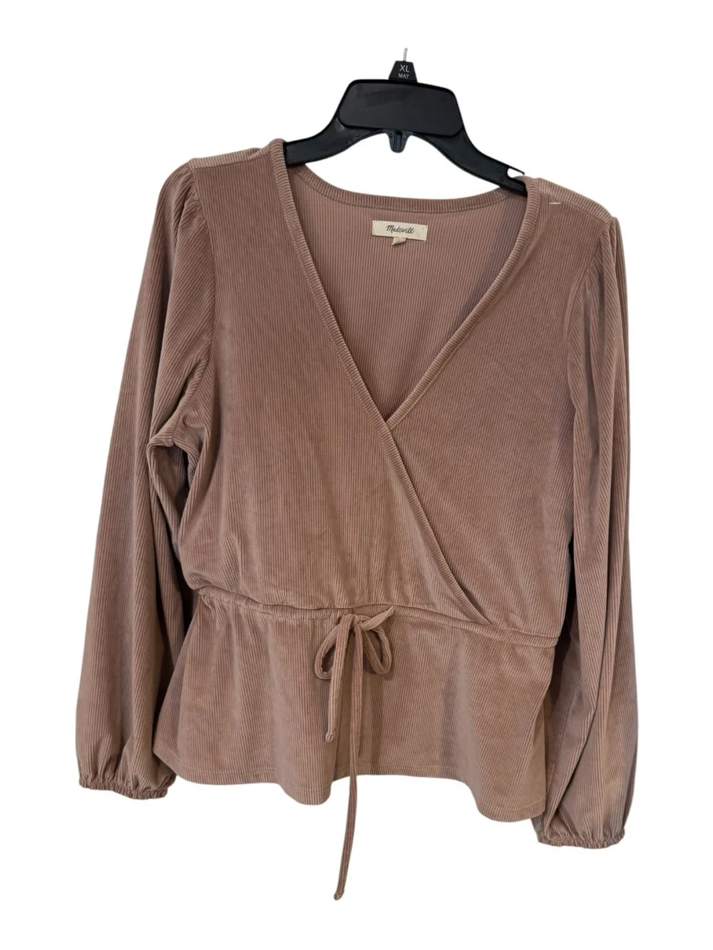 Madewell Ribbed Wrap Peplum Top L Dusty Blush Pink Tie Waist Puff Sleeve